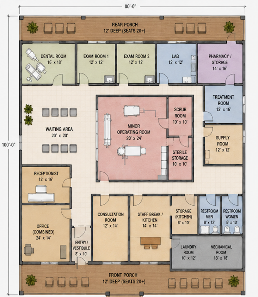 Run4Ghana medical center floor plan — exam rooms, operating room, pharmacy, and apartments