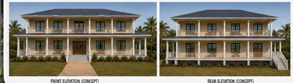 Run4Ghana medical center concept — front and rear building elevations"