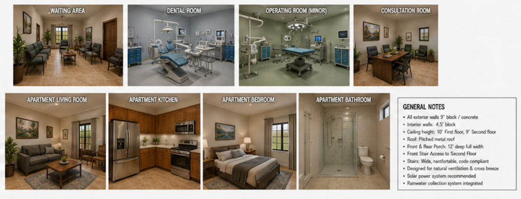 Run4Ghana medical center interior concept — waiting area, dental, operating, and staff apartments